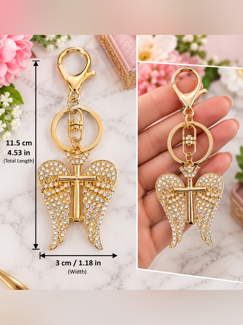 โจ Gold Angel Wing Cross Rhinestone Keychain - Picture 2 of 3